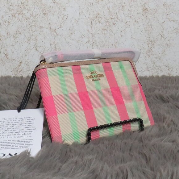 Coach Corner Zip Wristlet with Plaid Print (Pink/Multi-color) - Picture 2 of 6